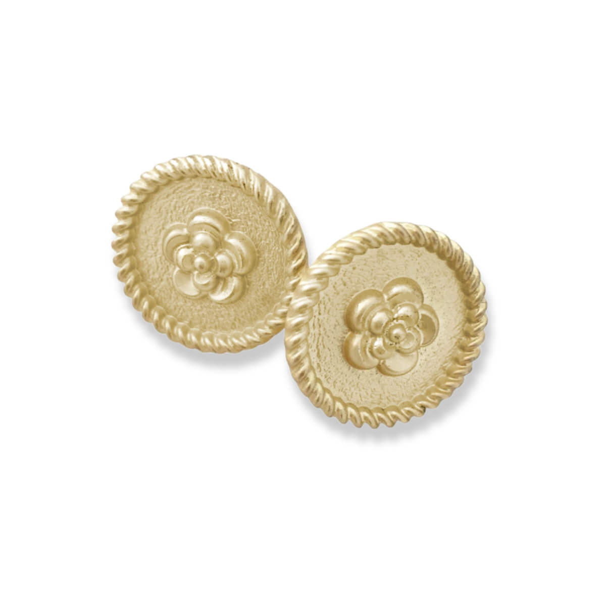 round matte gold stud earrings with flower detail and sculpted edging