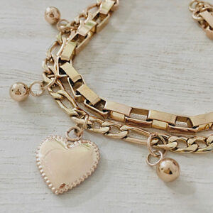 rose gold bracelet with two chains, heart and ball charms
