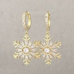 snowflake christmas earrings with sparkling rhinestones and gold tone finish