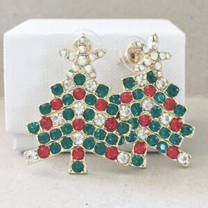 christmas tree earrings with red green white sparkling crystals