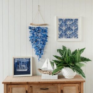 Blue Seaglass & Driftwood Wind Chime Hanging Mobile