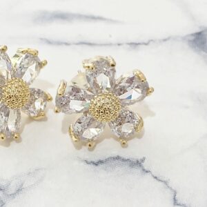 flower stud earrings in gold tone with cubic zirconia