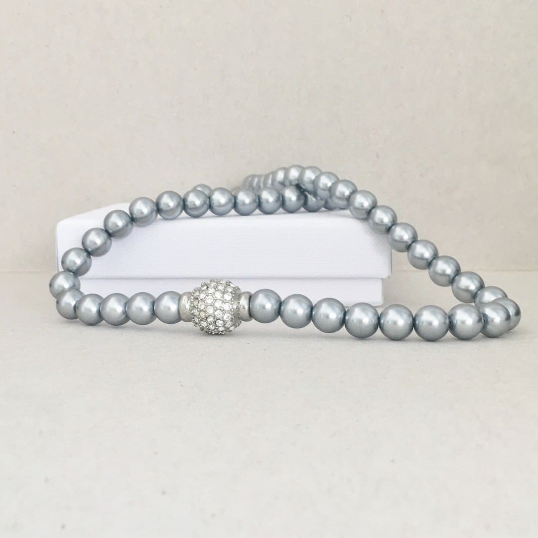grey glass pearl choker with crystal fireball magnetic closure