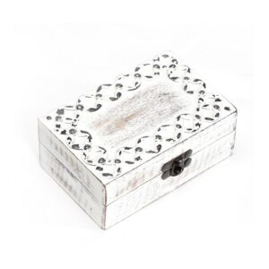 whitewash wood box with metal detail around edge of lid