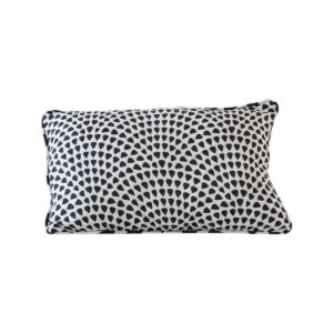 white & black lumbar linen cushion, white background with black design