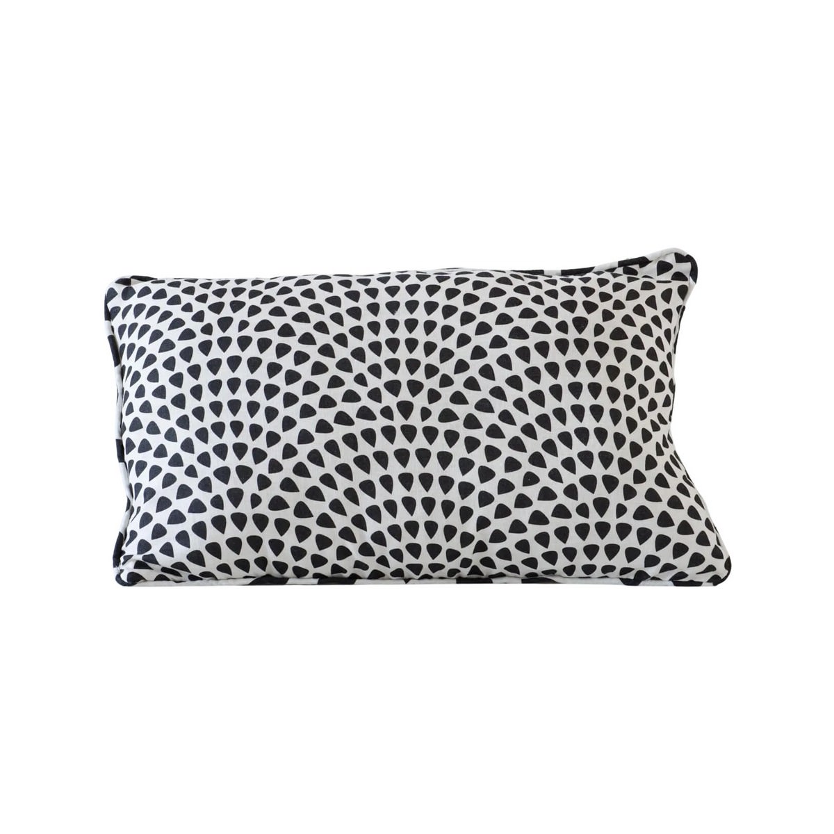white & black lumbar linen cushion, white background with black design
