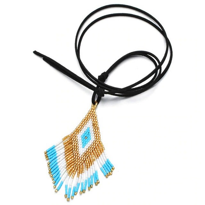 glass bead necklace in blue, white and gold, with leather cord
