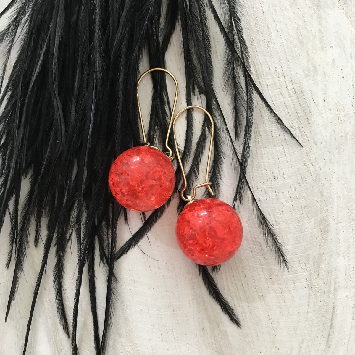 red globe drop earrings with gold tone hook