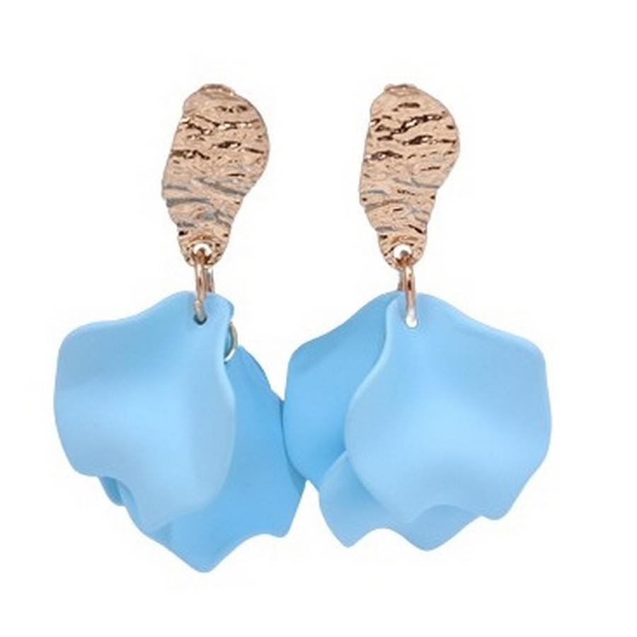 blue petal earrings with textured gold studs