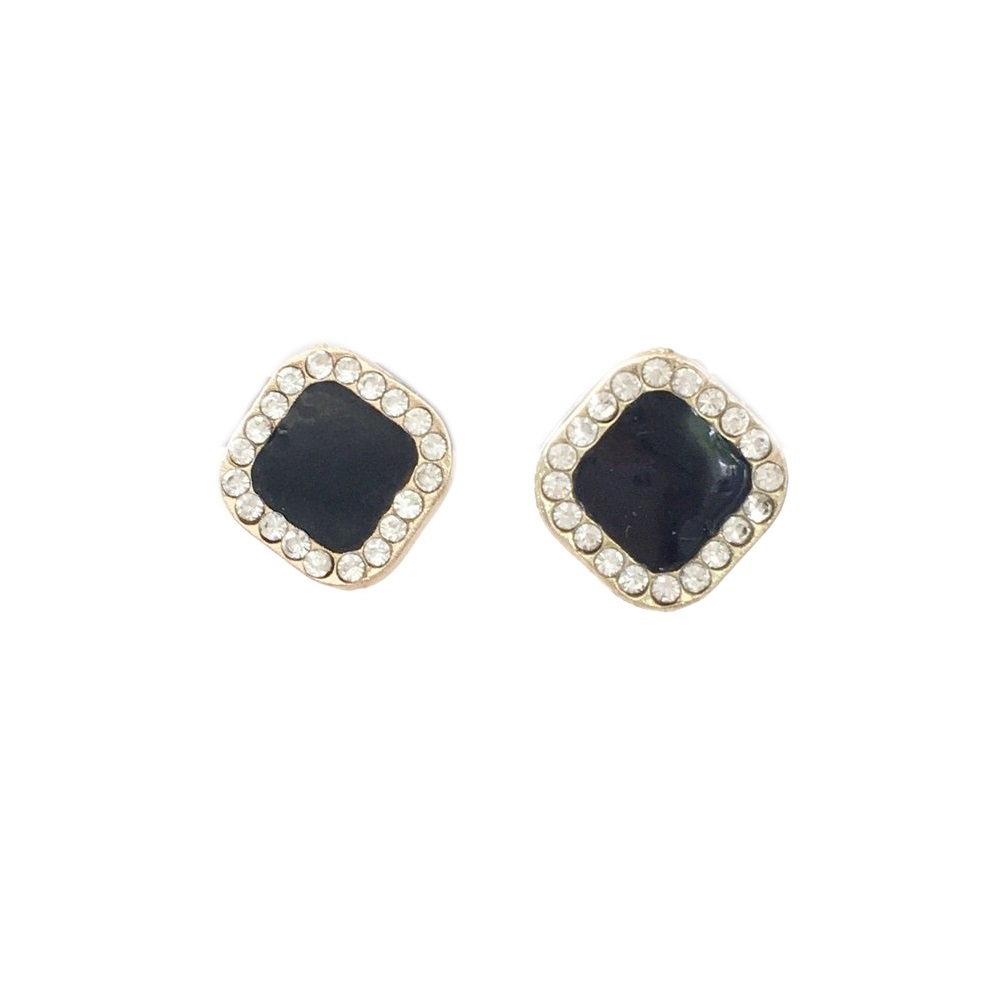 square stud earrings with black center and bling rhinestones halo