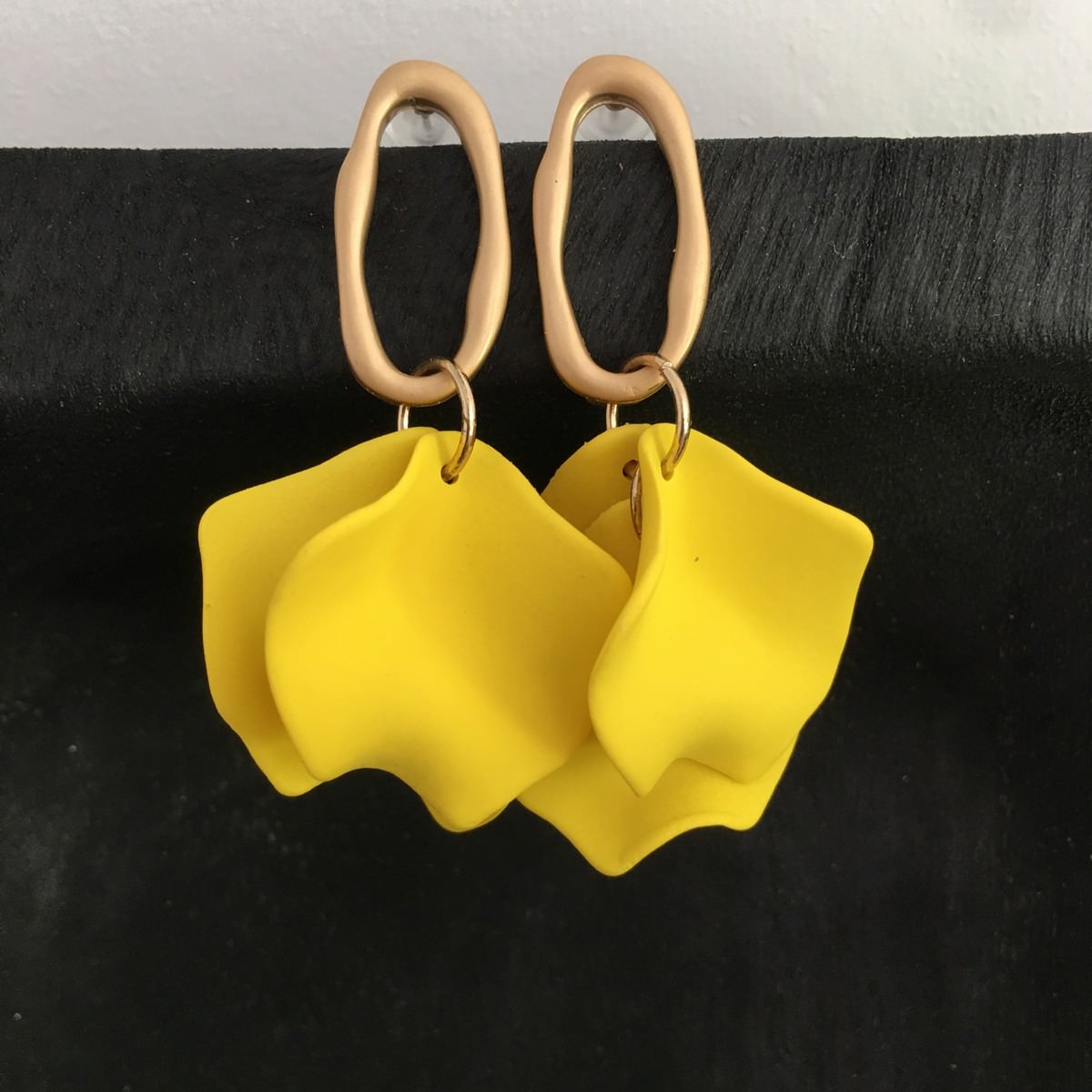 Yellow Petal Earrings Matte Gold Danglers - Suki - Image 3