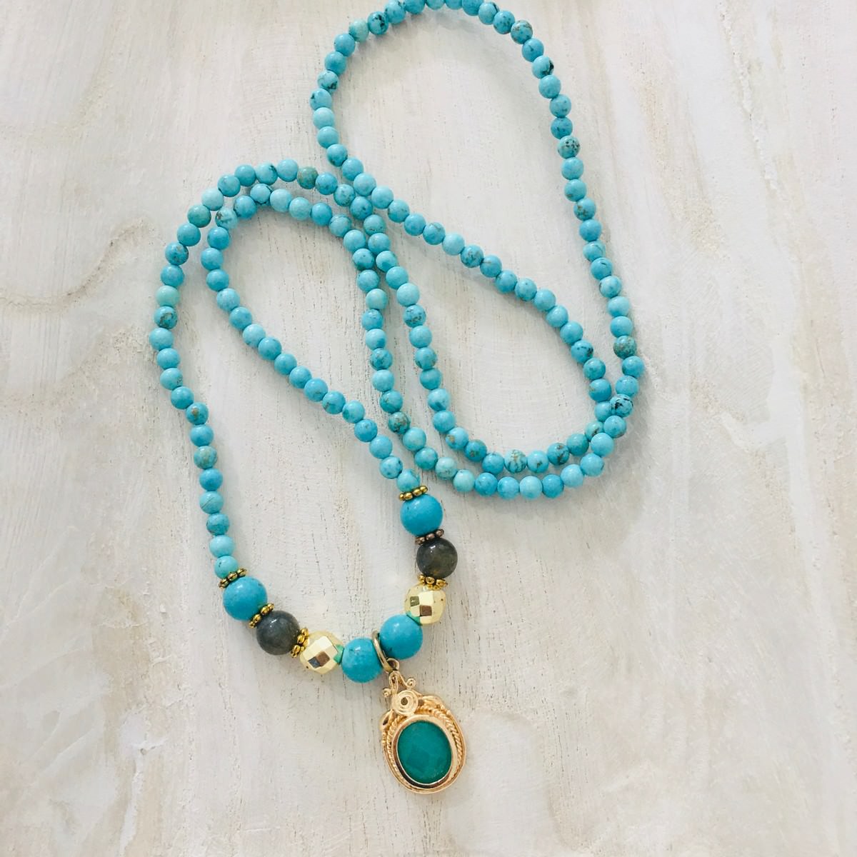 turquoise and labradite bead necklace or bracelet with gold accents