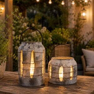 weathered ceramic lantern with metal handle 2 sizes