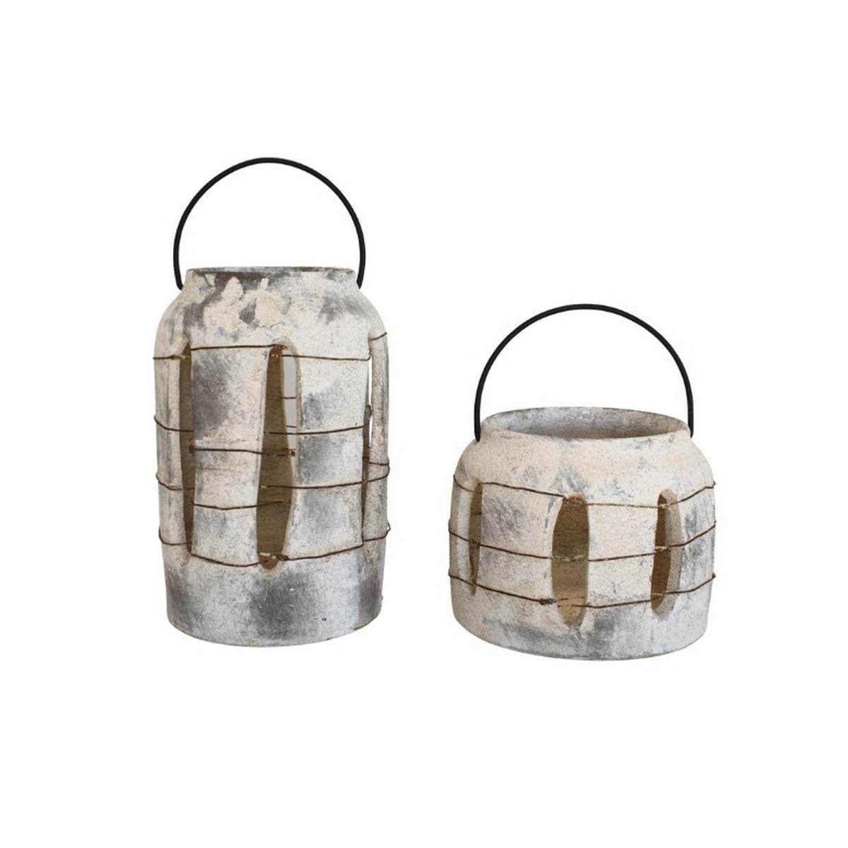 Weathered Ceramic Lantern with Metal Handle - Image 2