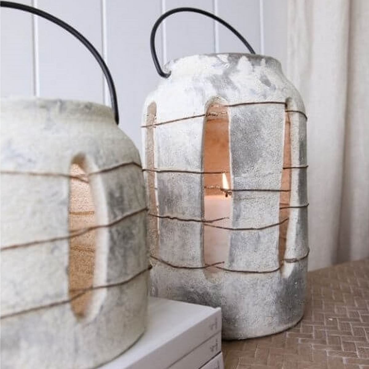 Weathered Ceramic Lantern with Metal Handle - Image 4