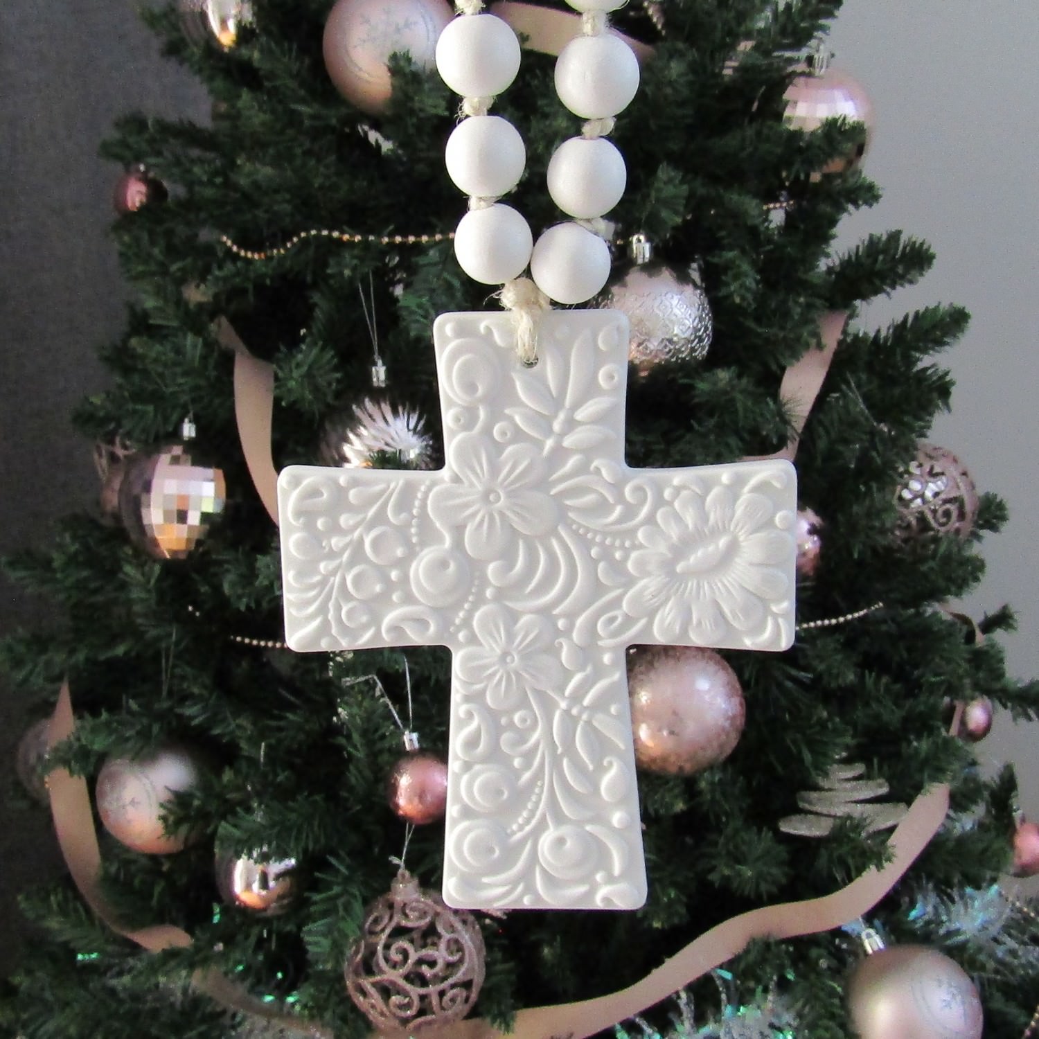 White Porcelain Cross with Beads - Image 2