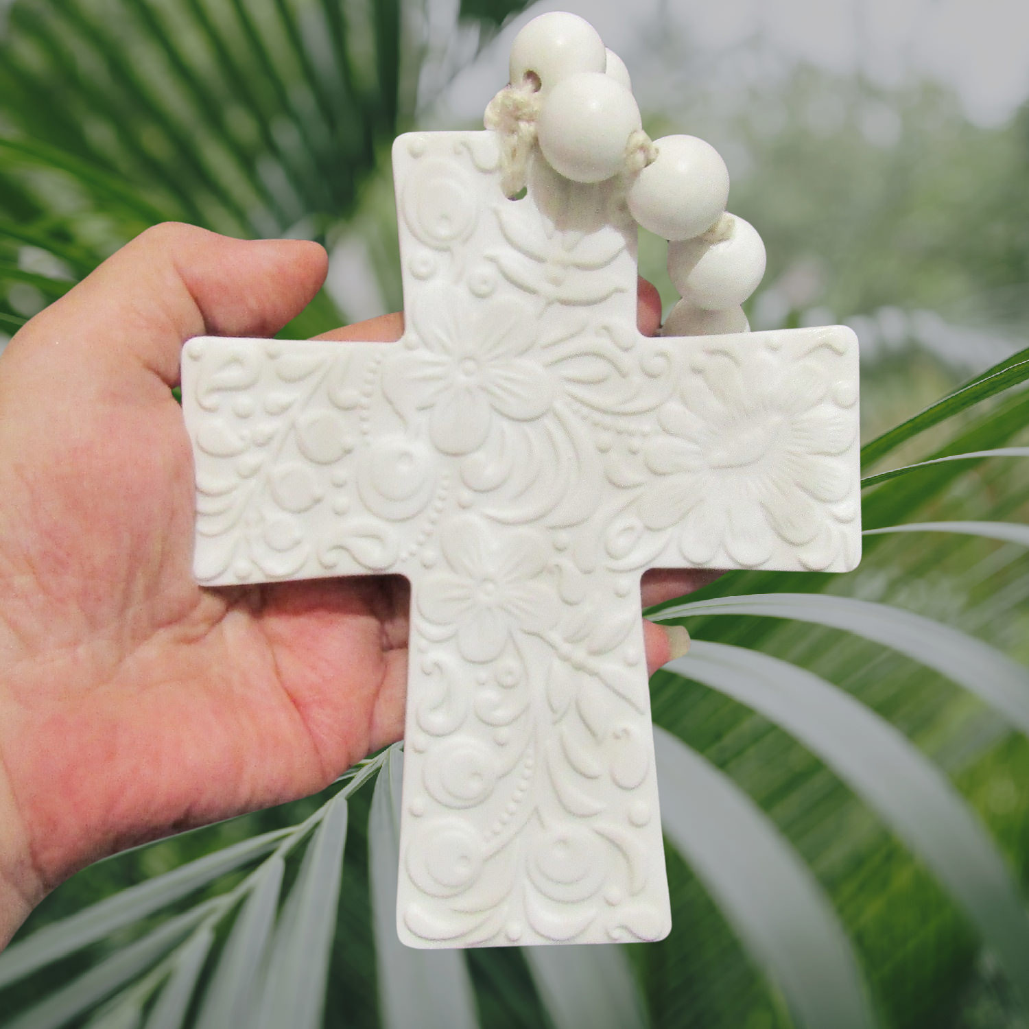 White Porcelain Cross with Beads - Image 4