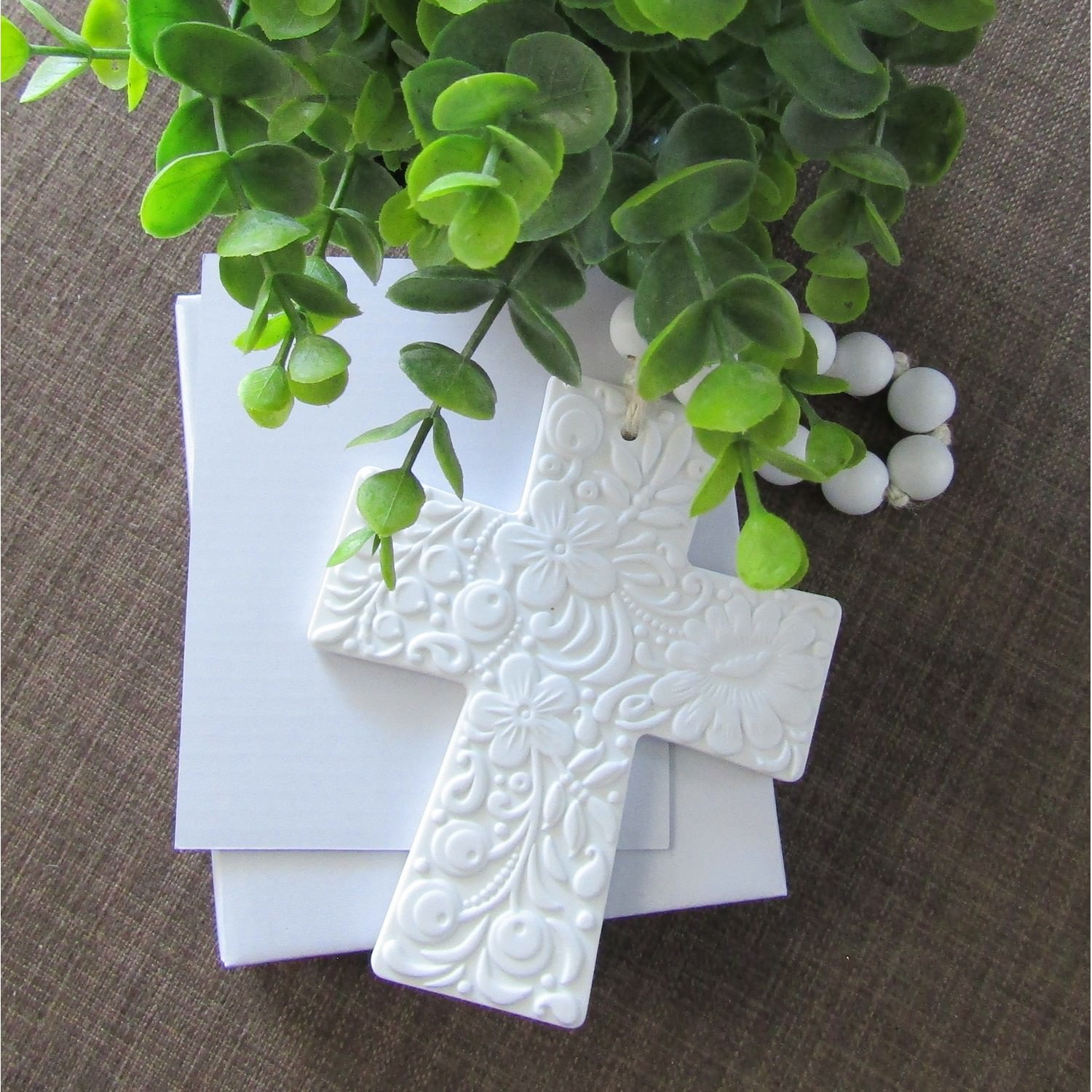 White Porcelain Cross with Beads - Image 3
