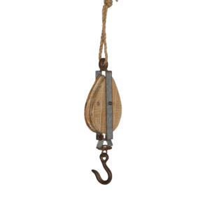 Decorative Pulley wall hook made of wood, metal and jute rope