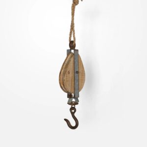 Decorative Pulley wall hook made of wood, metal and jute rope