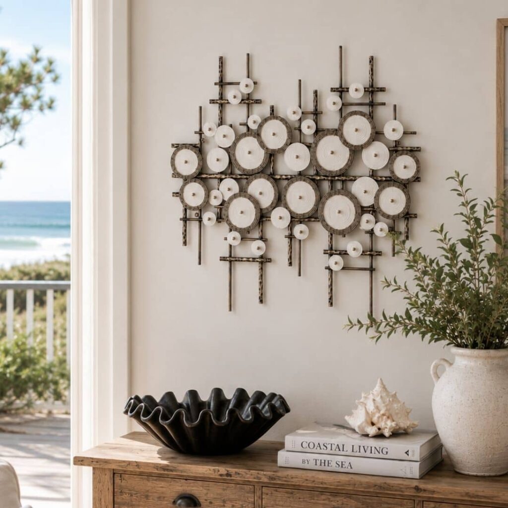 abstract metal wall art of painted white circles and intersecting bars