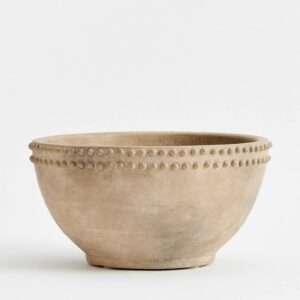 terracotta ceramic bowl with beaded design and neutral finish