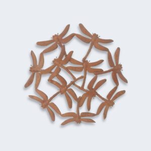 metal wall art of dragonflies forming a circle -with a rust finish