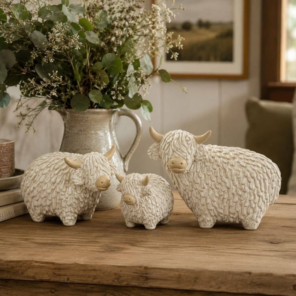 Set of 3 sculptures of a highland cow family with shaggy coast in off white and neutral tones
