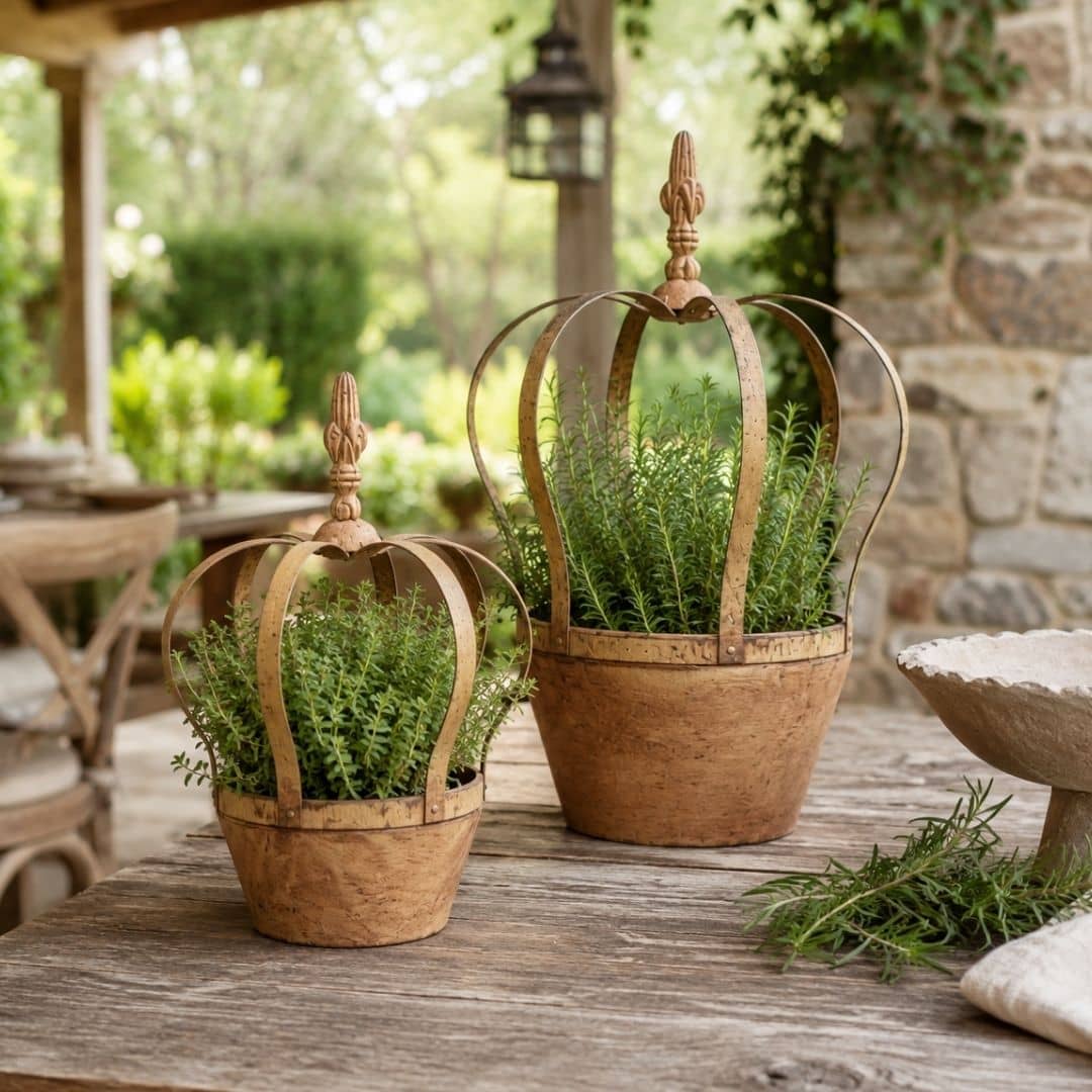 set of 2 rusty metal crown planters