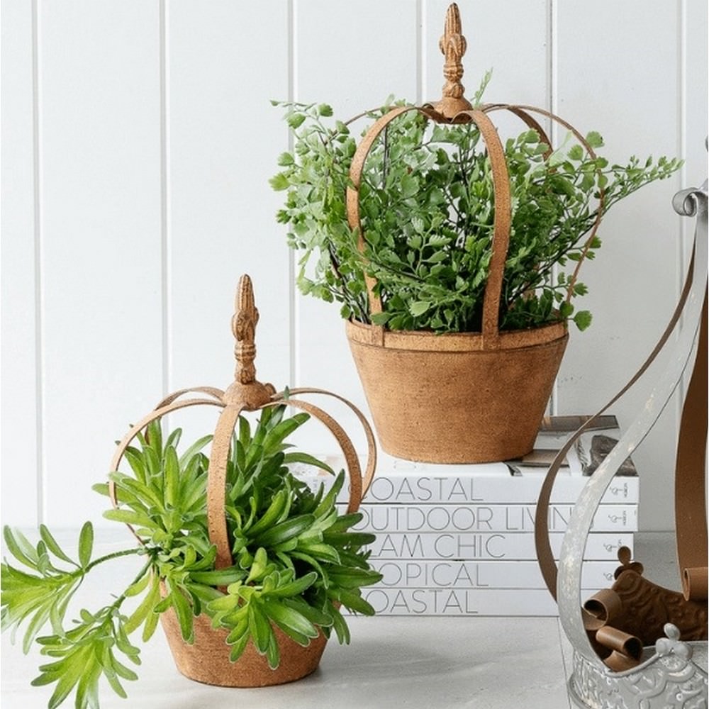 rusty metal crown planters in set of 2