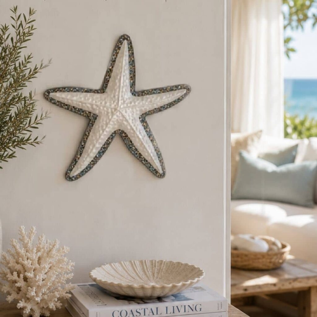 starfish wall art with textured metal detail and hand-painted white. 37x32cm