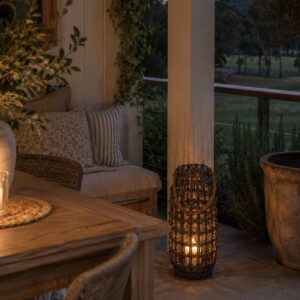 tall mottled charcoal lantern made with recycled plastic in a rattan look