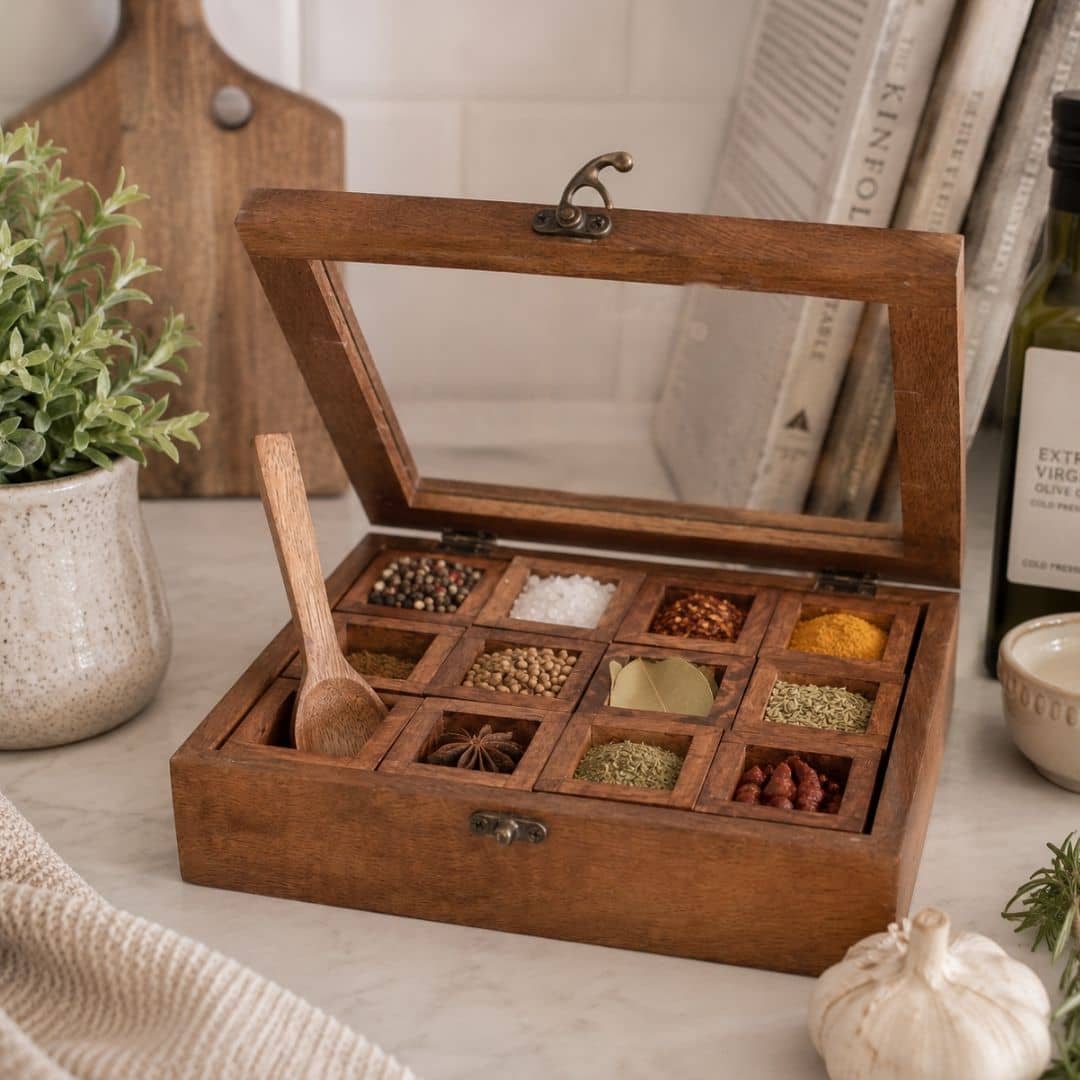 12 Cube Wood Spice Box & Spoon