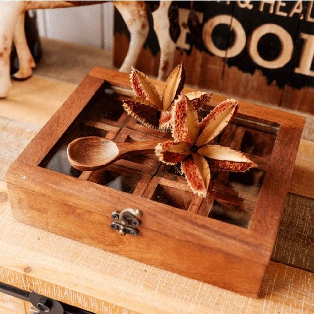 wood spice box with compartments and spoon