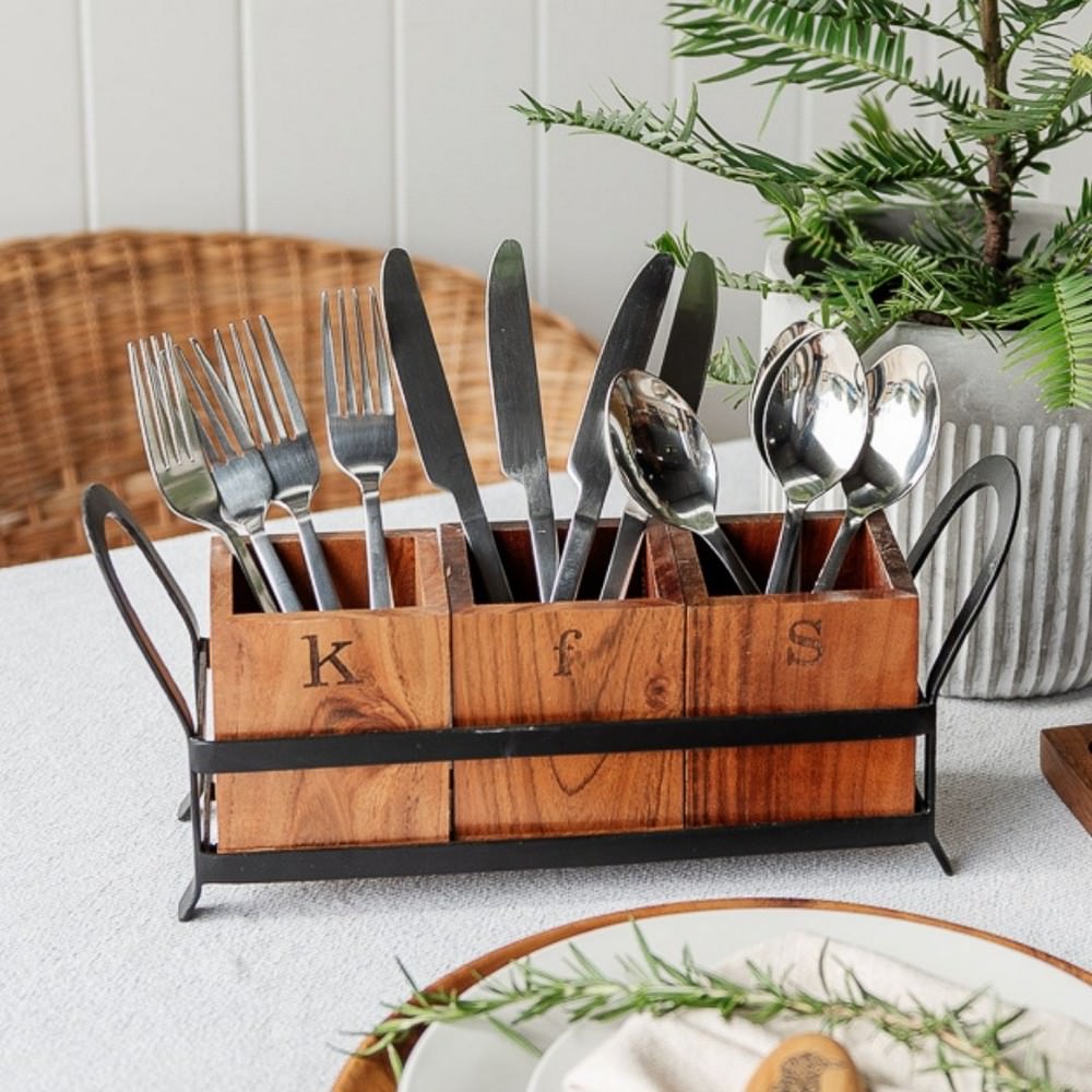 Acacia Wood & Iron Cutlery Holder - Image 2