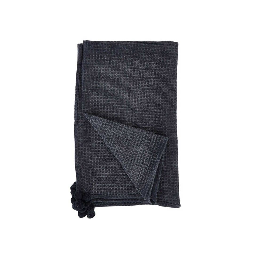 Black Cotton Waffle Throw with Pom Poms - Image 2