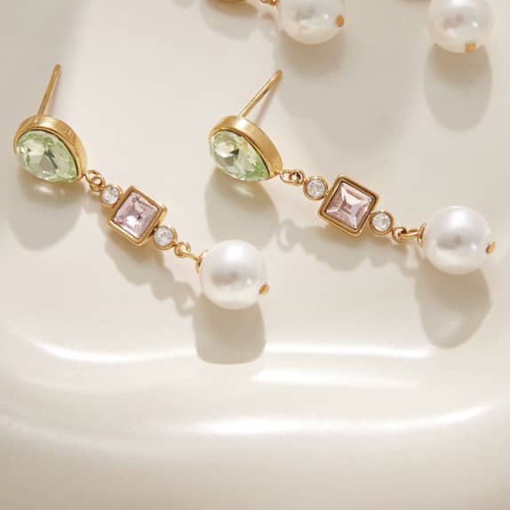 Coloured Crystal Pearl Drop Earrings 18k Gold Plated - Image 4
