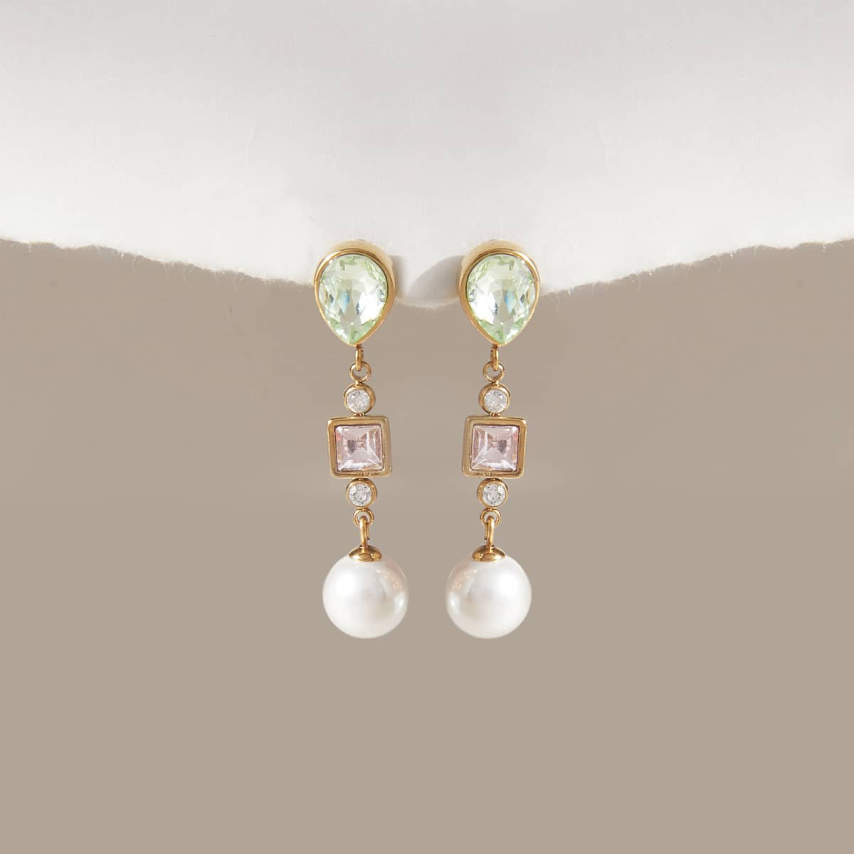 Coloured crystal and glass pearl drop earrings 18k gold pvd plating