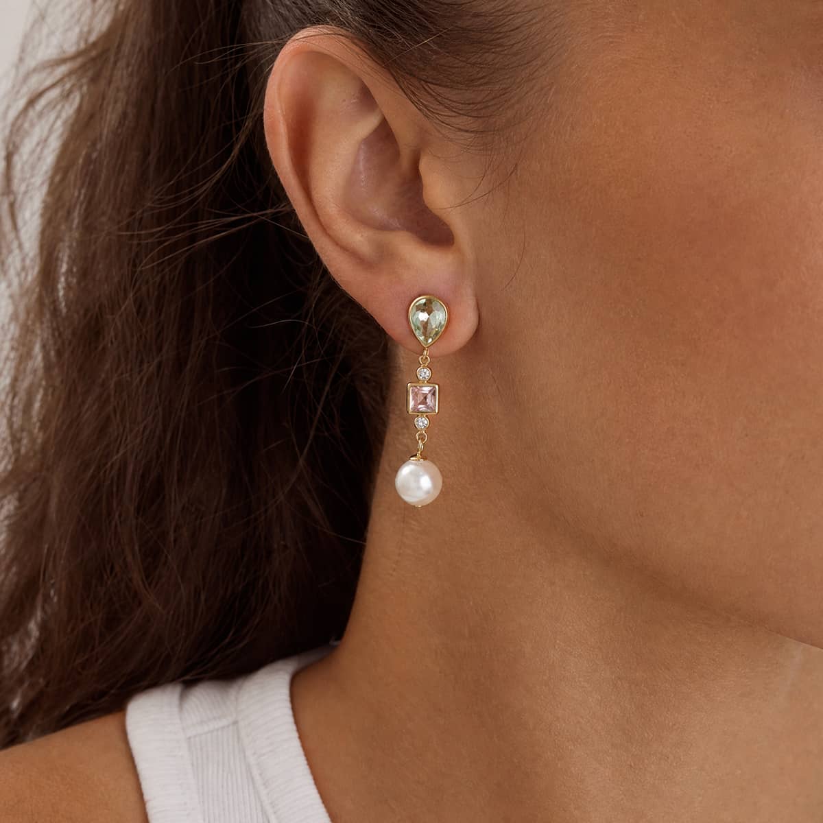Coloured Crystal Pearl Drop Earrings 18k Gold Plated - Image 2