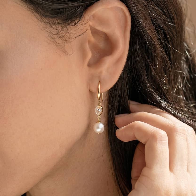 Crystal & Pearl Drop Earrings 18k Gold Plated - Image 2