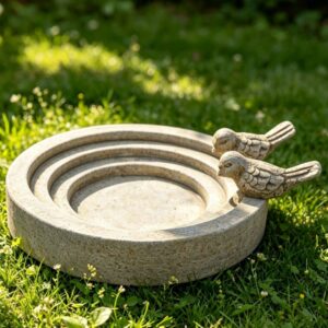 decorative cement bird feed and water bowl