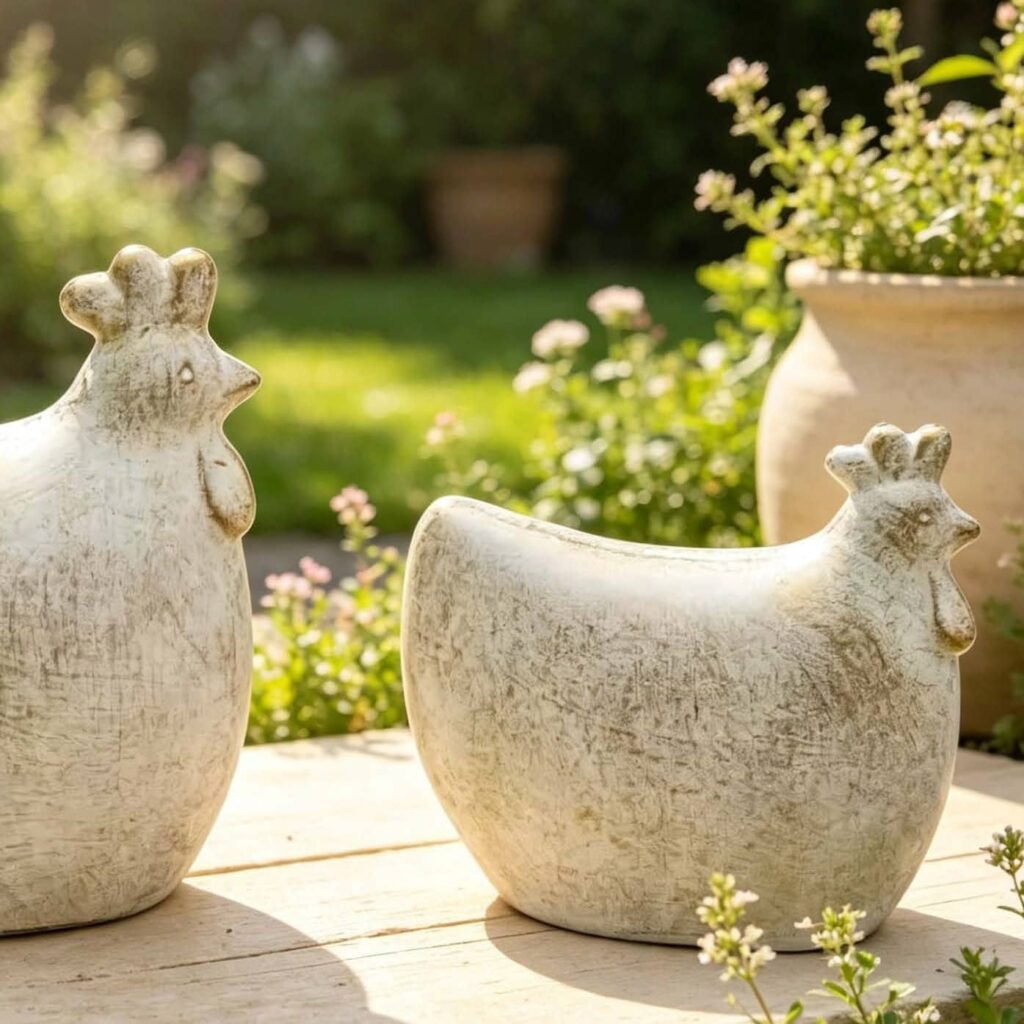 set of two meadow hen sculptures made of cement with a weathered finish