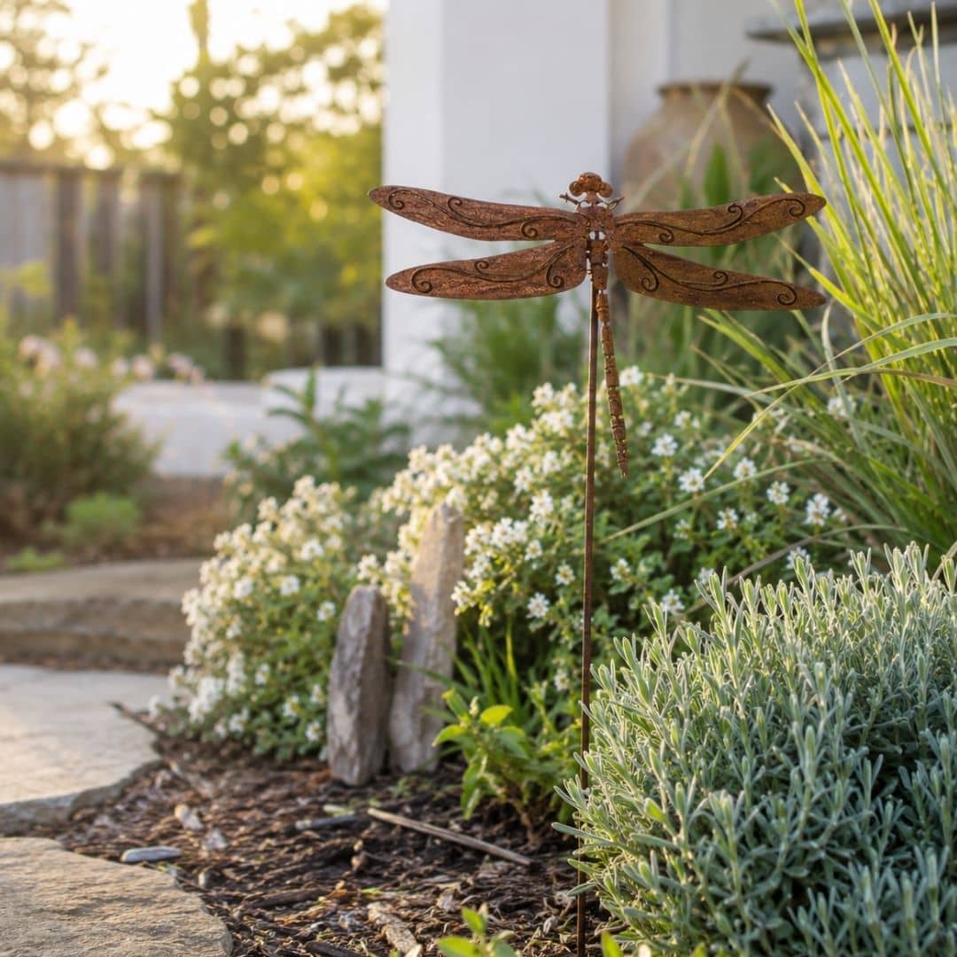 large dragonfly garden stake 147cm high with rustic finish