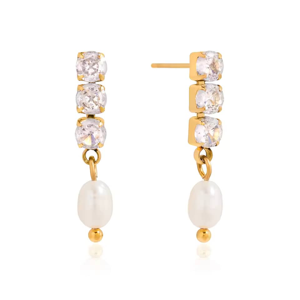 Freshwater Pearl Drop Earrings CZ 18k Gold Plated - Image 2