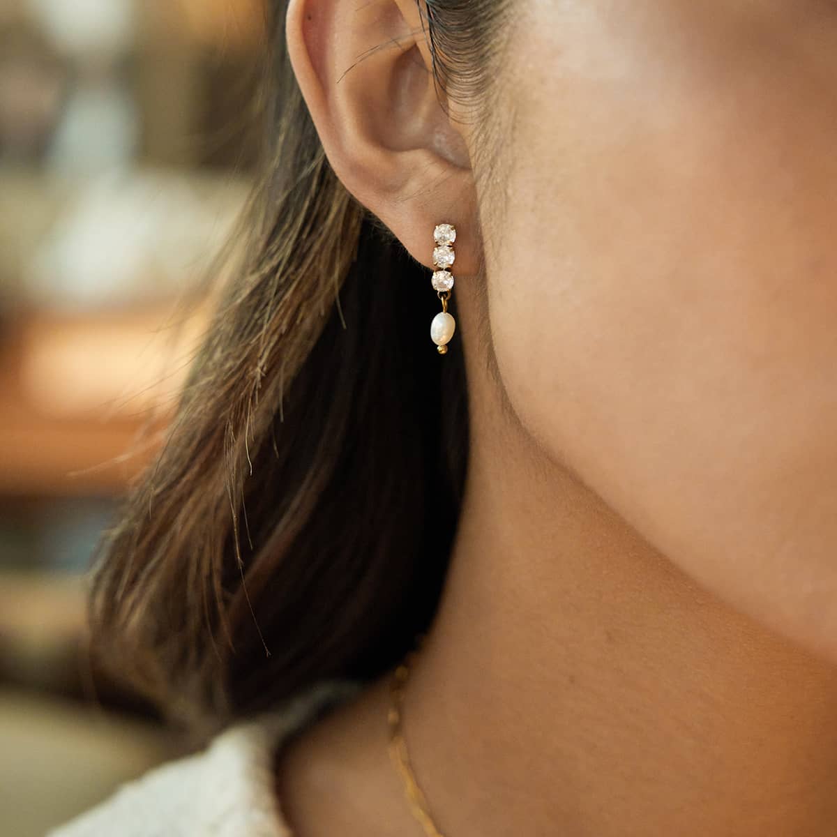 Freshwater Pearl Drop Earrings CZ 18k Gold Plated - Image 3