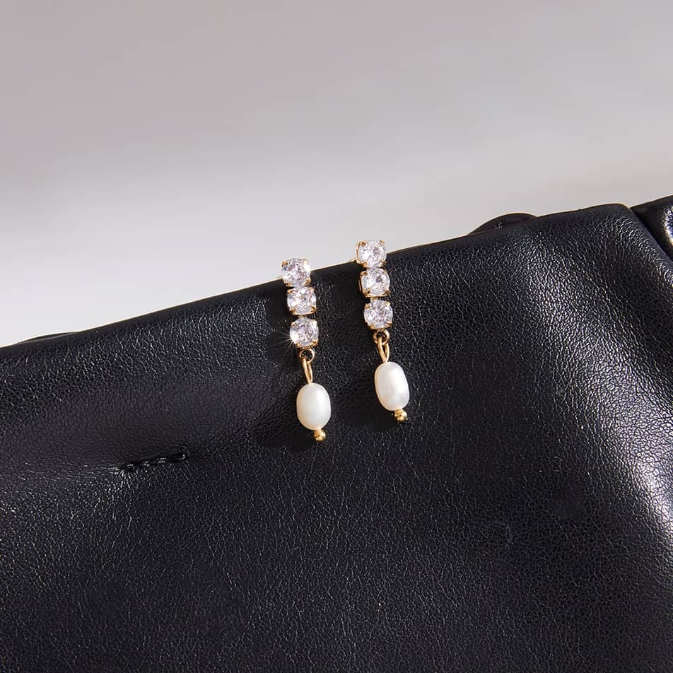 Freshwater Pearl Drop Earrings CZ 18k Gold Plated - Image 4