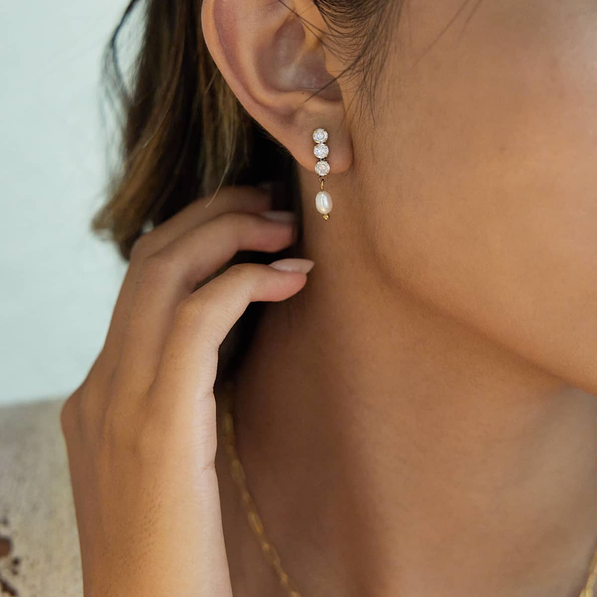 Freshwater Pearl Drop Earrings CZ 18k Gold Plated - Image 5