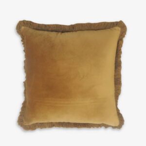 45cm square gold velvet cushion with fringe edges