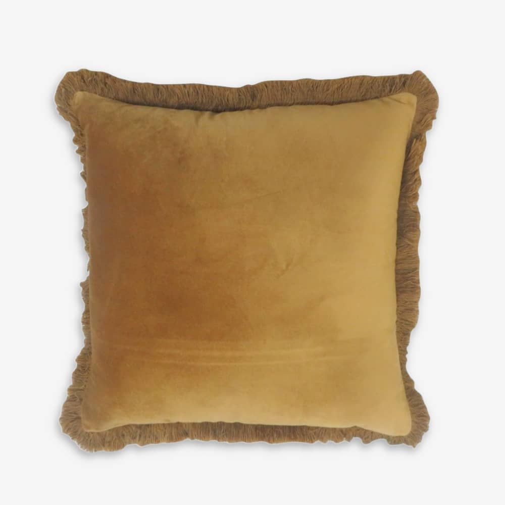 45cm square gold velvet cushion with fringe edges