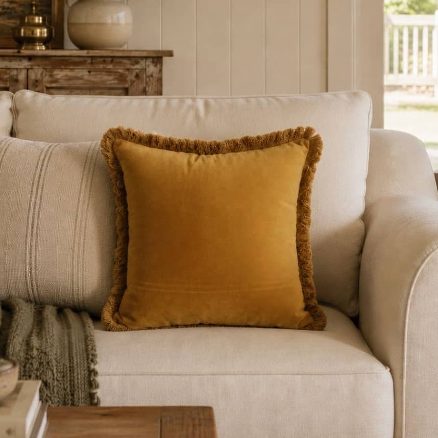 45cm square gold velvet cushion with fringe edges